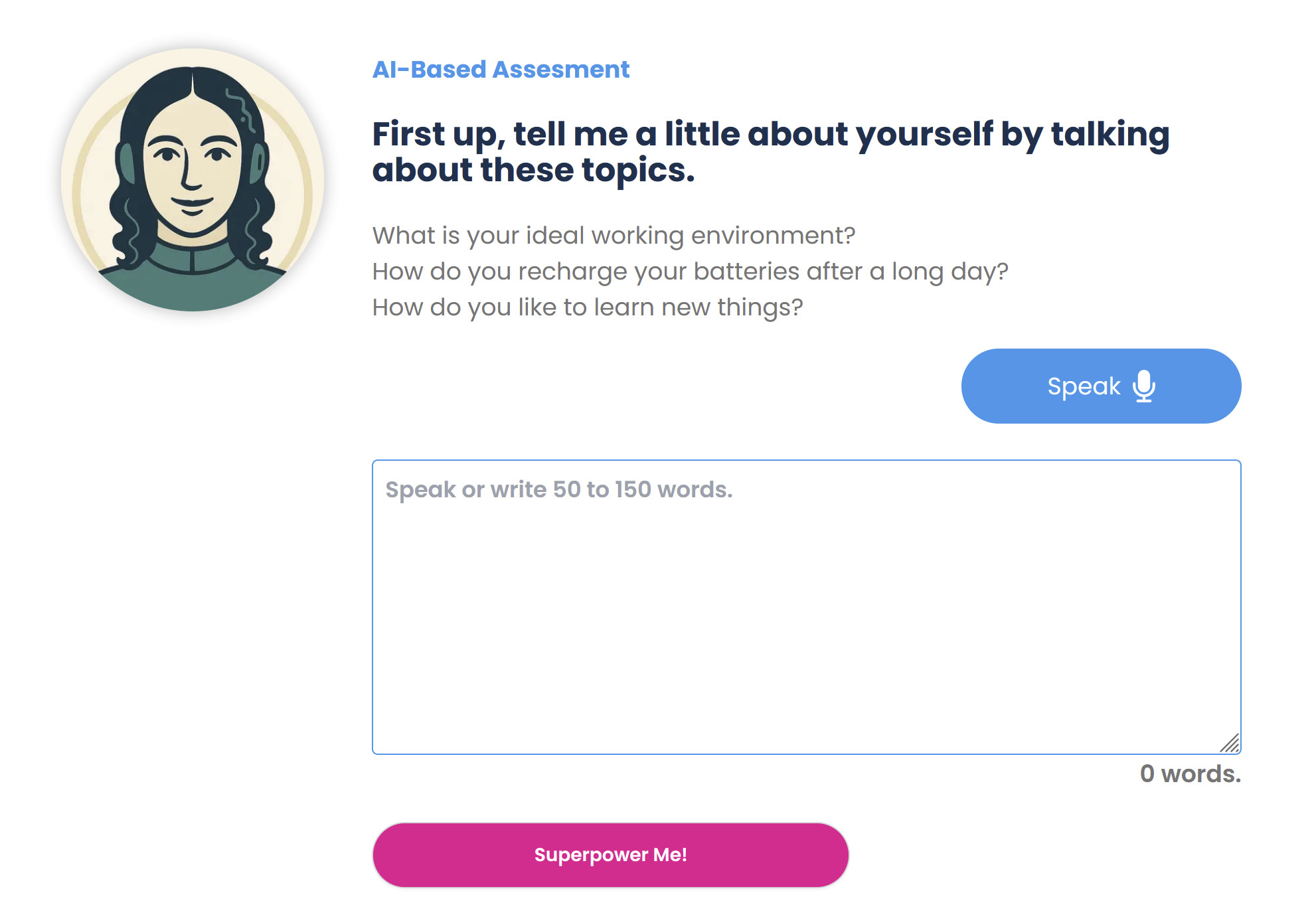 AiDA assessment screen — speak or write about everyday topics